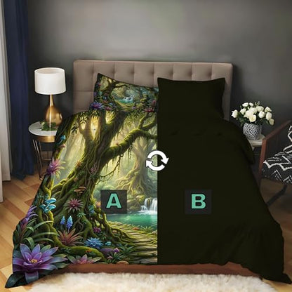 Magical Forest Duvet Cover King,3D Printed Bedding Set 3 Pieces,Comy Reversible ancient trees and mushrooms Duvet Cover Set with 2 Pillow Shams,Zipper Closure and 4 Ties,104 x 90 in,Emerald green - size: King（104 x 90 in）