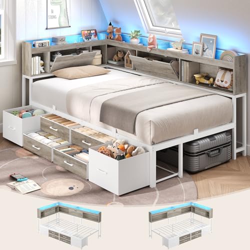 AOGLLATI Twin Corner Bed Frame with Bookcase and Hidden Storage & Metal Platform Twin Size Daybed with 6 Drawers,Charging Station, Led Lights- for Kids, Teens, Grey - color: Grey, size: Twin