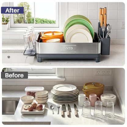 SNTD 304 Stainless Steel Dish Drying Rack for Small Kitchen Counter, Grey | Rustproof, Large Capacity, Heavy-Duty Frame, Rotating Spout, Angled Drainboard, Removable Cup & Utensil Holder - color: Gray