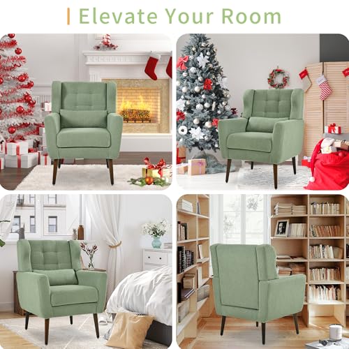 Modern Accent Chair, Upholstered Armchair with Pillow, Teddy Single Sofa Chair with Lounge Seat and Wood Legs Accent Chair for Living Room Bedroom Small Spaces - color: Teddy Light Green, size: Set of 1