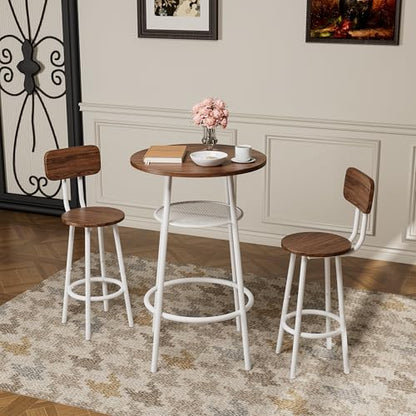 3-Piece Round Bar Table Set with Backrest & Partition, Counter Height Small Dining Table for 2, Includes 2 Foldable Stools, Sturdy MDF & Steel Frame for Kitchen/Dining Room (Brown+White) - color: Brown+white