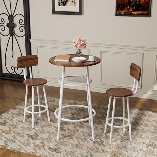 3-Piece Round Bar Table Set with Backrest & Partition, Counter Height Small Dining Table for 2, Includes 2 Foldable Stools, Sturdy MDF & Steel Frame for Kitchen/Dining Room (Brown+White) - color: Brown+white
