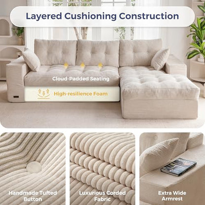 MAXYOYO Boneless Couch, 104-Inch L-Shaped Cloud Couch with Ottoman | Beige Upholstered Sofa Features Layered Cushions and Flexible Modules with No Assembly, Ideal for Modern Living Rooms. - color: Beige, size: 104" L Shape