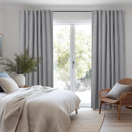 Deconovo Faux Linen 100% Blackout Curtains with Hidden Tabs & Pleat Tape, Tiebacks Included, Thermal Insulated Noise-Reducing Drapes for Bedroom & Living Room, Light Grey, 50W x 108L, 2 Panels - color: Linen Total Blackout - Grey, size: 50"W x 108"L (Pack