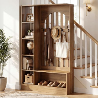 Tribesigns Room Divider with Storage Shelves and Bench | 70.9" Freestanding Wall Divider Partition with Coat Rack for Room Separation, Entryway, Living Room, Bedroom, Rustic Brown