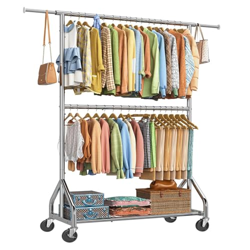 Simple Trending Heavy Duty Clothes Rack, Extendable Clothing Rack, Chrome | Double Rod Garment Rack, Freestanding Portable Closet, with Wheels & Shelf, Adjustable Middle Rod, for Bedroom, Laundry - size: 17"D x 61.25"W x 74.25"H