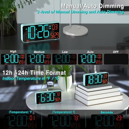Alarm Clock for Bedroom, 6.7in Small Digital Clock, Auto Dimming, Room Temperature, Day of The Week, Date, Alarm Clocks for Living Room, Desk Clocks - color: Blue (Blue + Orange Digits)