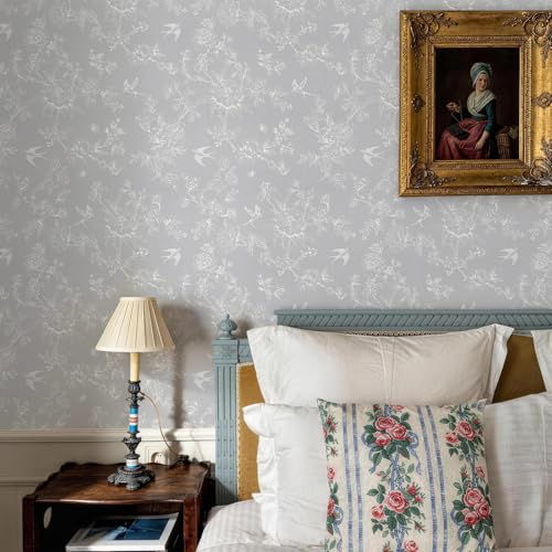 Simon&Siff Grey and White Vintage Floral Birds Peel and Stick Wallpaper | 480" x 17.3" Removable Self Adhesive Waterproof Contact Paper, Renter Friendly Wall Paper for Cabinets, Furniture, DIY Decor - color: Grey and White, size: 17.3" x 480"