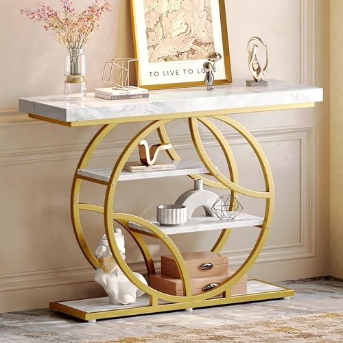 Huuger 41.3 Inch Entryway Table, Console Table with Shelves, Sofa Table | Entrance Table, Console Tables for Entryway, Hallway, Entrance, Foyer, Living Room, O-Shaped Hall Table, White Marble & Gold - color: Marble Gold, size: 11.8"D x 41.3"W x 31.5"H