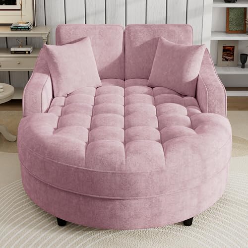 55" Modern 2-Seater Chaise Lounge Sofa Bed - Chenille Upholstered Loveseat Couch with Tufted Seat & Detachable Pillows, Space-Saving Sleeper Sofa (Pink) - color: Pink