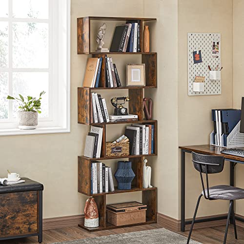 VASAGLE CUSTOS Collection - 6 Shelf Bookcase, S-Shaped Tall Bookshelf, Wood Display Shelf, Book Organizer, 27.6 x 9.5 x 75.4 Inch, Rustic Brown, for Living Room, Office, Rustic Brown ULBC61BXV1 - color: Rustic Brown, style: 6-Tier (27.6"W)
