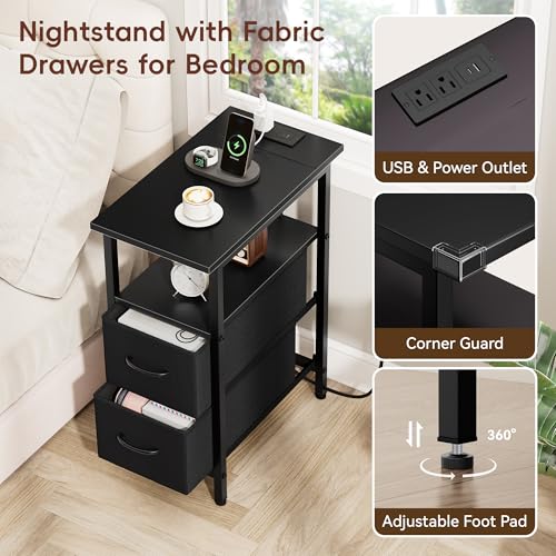 Set of 2 Black Nightstand with Charging Station and LED Lights, Narrow Side Table, LED Night Stand with 2 Fabric Drawers, Bedside Table Small End Table, Tall Nightstand for Bedroom, Black - color: Black, size: 2, style: With LEDs