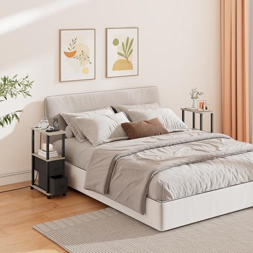 TUTOTAK Small Narrow End Tables, Side Tables with 2 Fabric Drawers, Set of 2, Bedside Tables with Charging Station for Small Spaces, Slim Nightstands with USB Ports and Wheels, TB01BG053 - color: Greige, style: with Outlets