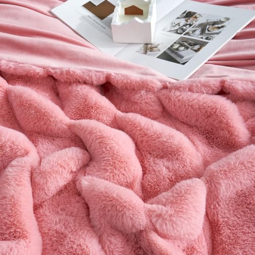 Cozy Bliss Deluxe Sheared Rabbit Faux Fur Throw Blanket, Soft Fuzzy High-Low Sculpted Plush Blanket for Couch, Cozy Home Accent, All Season Use, Pink 60"x80" - color: Striped - Pink, size: Twin(60" x 80")