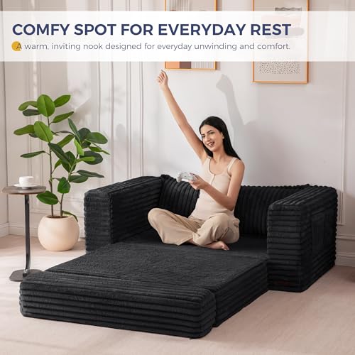 MAXYOYO Convertible Sofa Bed, Pull-Out Loveseat Couch Bed for Small Space | 2 in 1 Folding Couch Bed with Large Back Pillow, Plush Faux Fabric Lounge Couch for Living Room, Apartment, Black - color: Black