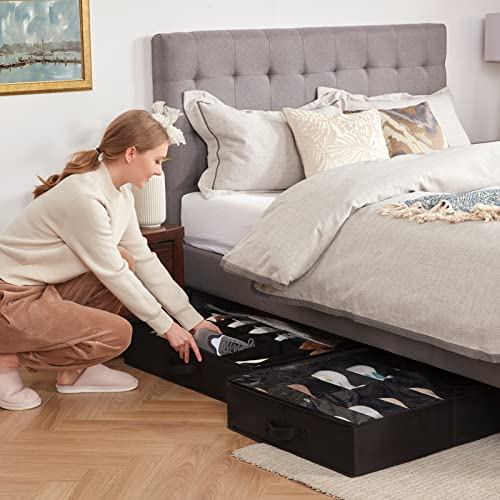 Lifewit Under Bed Shoe Storage Organizer 2 Pack(12 Shoes Cells), 4.3 Inches Profile Fabric Shoes Container Box with Clear Cover, Foldable Storage Bag with 2 Handles, Fits 12 to 24 Pairs - style: 12 Shoes Cells