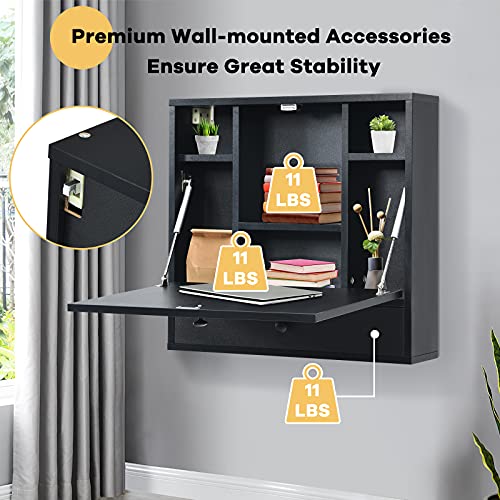 Tangkula Pneumatic Floating Desk - Wall Mounted Laptop Desk with Magnetic Foldable Tabletop, Space Saving Table with Storage Drawer and Shelves (Black) - color: Black