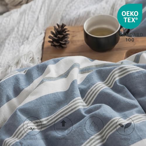 BISELINA Bedding Duvet Cover Set 100% Washed Cotton Linen Like Textured Yarn Dyed Horizontal Stripes Reversible Breathable Soft Comfy Chic Bedding (King, Button Closure Blue) - color: Button Closure - Blue, size: King