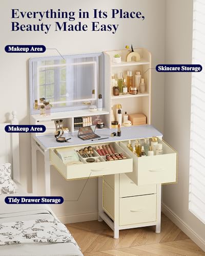 Kitsure Vanity Desk with Mirror and Lights, Large Capacity, Fabric Drawers | Bedroom, Teens & Women, 3 Light Modes, 4 Fabric Drawers, 17"D x 35"W x 52"H, White