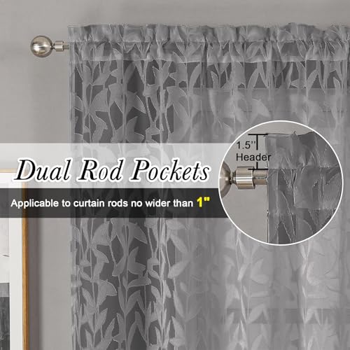 Leia Charcoal Grey Sheer Kitchen Curtains 30 Inch Length 2 Pcs, Leaf Textured Voile Classic Jacquard Tiers, Dual Rod Pocket Window Treatments for Bedroom Living Room, Each Panel 28" W x 30" L - color: Charcoal Grey, size: 28"W x 30"L (Pack of 2)
