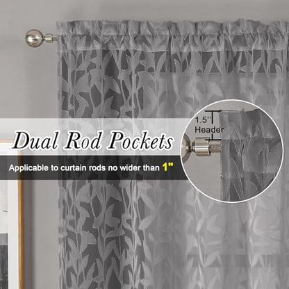 Leia Charcoal Grey Sheer Kitchen Curtains 30 Inch Length 2 Pcs, Leaf Textured Voile Classic Jacquard Tiers, Dual Rod Pocket Window Treatments for Bedroom Living Room, Each Panel 28" W x 30" L - color: Charcoal Grey, size: 28"W x 30"L (Pack of 2)