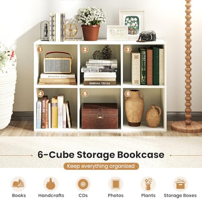 Giantex 6-Cube Bookcase, 3-Tier Cubby Bookshelf, Horizontal Vertical Display Rack with Anti-Tipping Kits, Modern Storage Organizer Shelf Unit for Bedroom, Living Room, Study Room, White | Horizontal Vertical Display Rack with Anti-Tipping Kits, Modern Sto