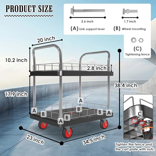 2 Shelf Utility Service Cart- 660lbs Capacity Heavy-Duty Plastic Rolling Utility Carts with 4 of 360° Swivel Wheels and Handle, Large Service Cart for Groceries,Warehouse,Garage 34.6''x 22.8'' - color: 660lbs