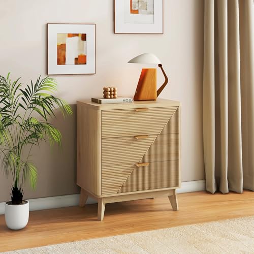 LYNCOHOME 3 Drawer Fluted Nightstand, Modern Wood Night Stand with Curved Profile, Fluted Tall Nightstand with Drawers, Light Oak - color: Natural Stripes, size: 15.7"D x 23.6"W x 28.1"H（3 Drawers）