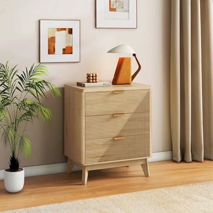 LYNCOHOME 3 Drawer Fluted Nightstand, Modern Wood Night Stand with Curved Profile, Fluted Tall Nightstand with Drawers, Light Oak - color: Natural Stripes, size: 15.7"D x 23.6"W x 28.1"H（3 Drawers）