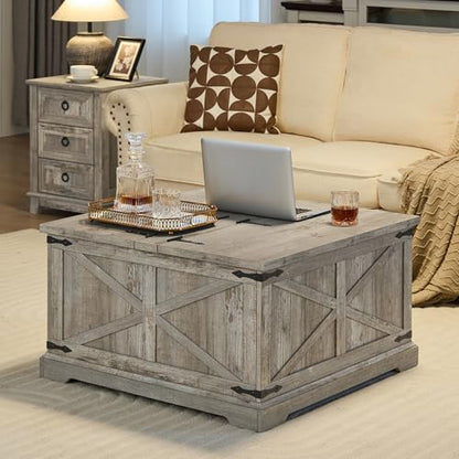 Joaxswe Farmhouse Coffee Table with Large Hidden Storage Compartment, Light Oak Square Center Table, Wood Rustic Low Modern Living Room Tables with Hinged Lift Brown Top & Wooden Arc Base - color: Light Oak, style: With Base