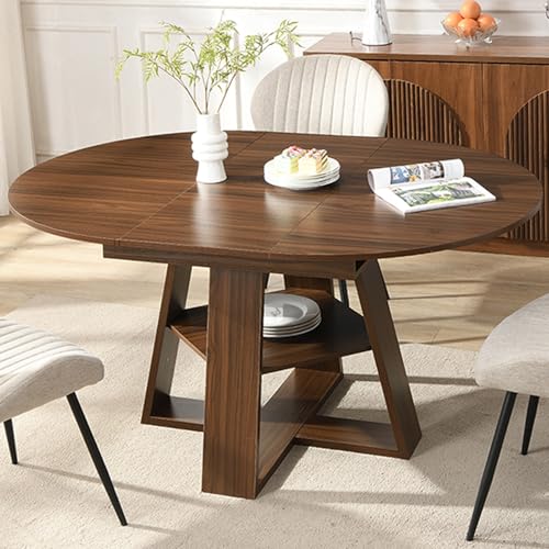 Modern Round Dining Table for 4-8, 43-59" Extendable Oval Dining Table with Leaf, Kitchen Table with Storage Shelf & Wood Cross Base, Circle Tables for Living Room Kitchen, Space Saving (Walnut) - color: Walnut