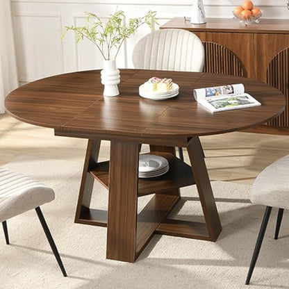 Modern Round Dining Table for 4-8, 43-59" Extendable Oval Dining Table with Leaf, Kitchen Table with Storage Shelf & Wood Cross Base, Circle Tables for Living Room Kitchen, Space Saving (Walnut) - color: Walnut