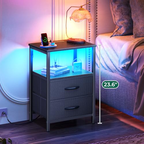 Huuger Night Stand with Charger Station and LED Lights, 2 Drawer Nightstand | Bed Side Table with Open ShelfEnd TableFabric Drawers for Bedroom, Black - color: Black, size: 11.8"D x 15.7"W x 23.6"H（2 Drawers）