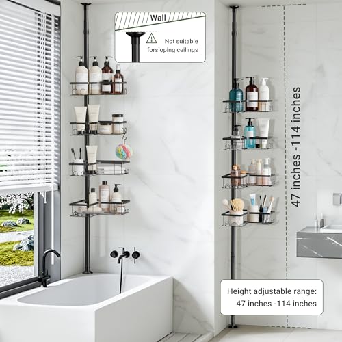 ViviDreamore Corner Shower Caddy Tension Pole, 4-Tier Organizer | Tall Shower Caddy with Corner Shelves, Rustproof Bathroom Shower Organizer for Inside Shower