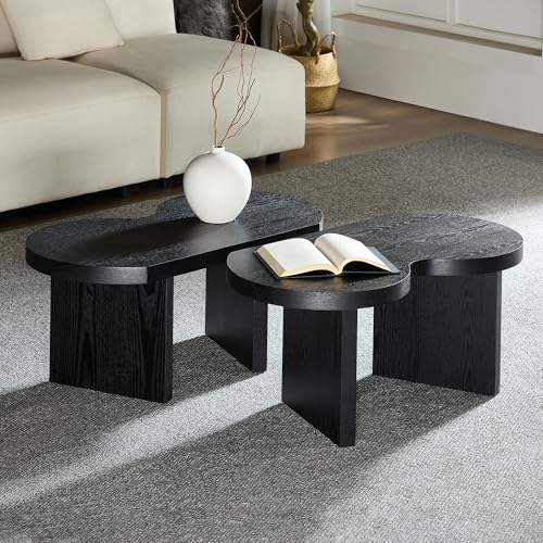 31.49" Nesting Coffee Table Set of 2 for Living Room, Couch/Bedroom Side, Unique Butterfly Shaped, Irregular Wood Fun Center Table for Small Space- Black - color: 31.5"&31.5"-black