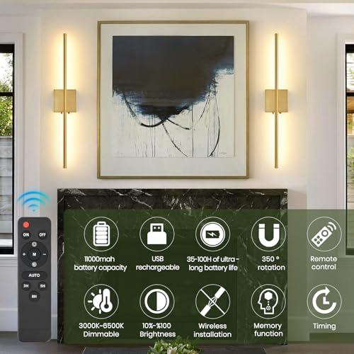 Rechargeable Battery Operated Wall Sconces, 11000mAh Wireless Brushed Gold Wall Lights with Remote Control, 350°Rotate Dimmable Wall Lamp, 3 Color Temperatures, for Bedroom Living Room Hallway, 1 PCS - color: Gold, size: 1 Pack