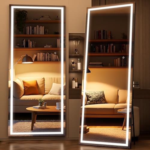75" x 28" Full Length Mirror with Lights, LED Lighted Floor Standing Body Mirror, Dimmable & 3 Color Lighting for Bedroom, Cloakroom, Dressing Room, Tempered Glass, Black Frame - color: Black, size: 75"L x 28"W