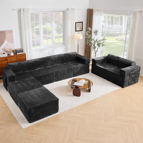 Tbfit Modular L Shaped Sectional Boneless Couch, Convertible Futon Sofa Bed, Corduroy Cloud Mattress Sleeper Sofa, Comfy Folding Upholstered Floor Couches for Living Room, Bedroom, Black - color: Black, size: 8 Seater Sofa Set