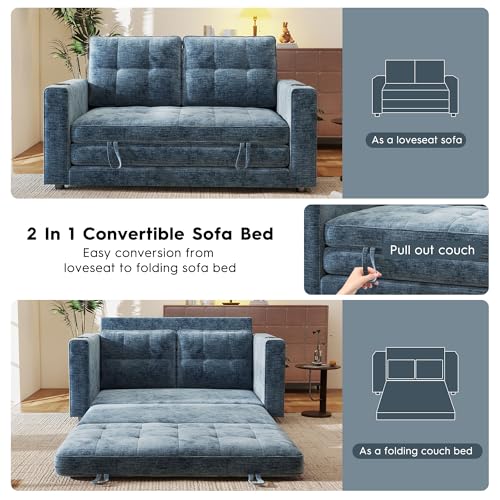 55" Convertible Folding Sofa Bed, Pull Out Couch Love Seat Sleeper Bed, Small Fold Out Loveseat sleeper with Cup Holder and Pillow for Small Space, Bedroom Lounge, Dorm, Living Room(Blue Chenille) - color: Blue