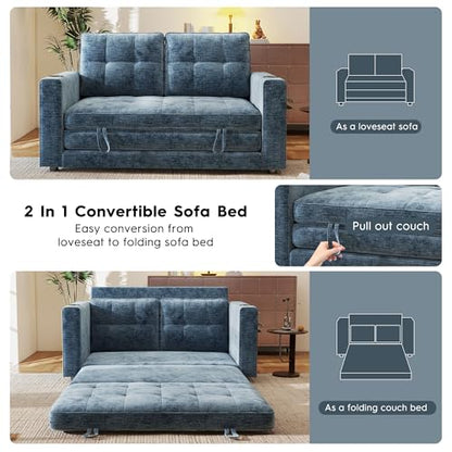 55" Convertible Folding Sofa Bed, Pull Out Couch Love Seat Sleeper Bed, Small Fold Out Loveseat sleeper with Cup Holder and Pillow for Small Space, Bedroom Lounge, Dorm, Living Room(Blue Chenille) - color: Blue