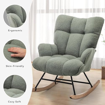 Rocking Chair Nursery Teddy Upholstered Glider Rocker Rocking Accent Chair Padded Seat with High Backrest Armchair Comfy Side Chair for Living Room Bedroom Offices (Green Teddy) - color: Forest Green