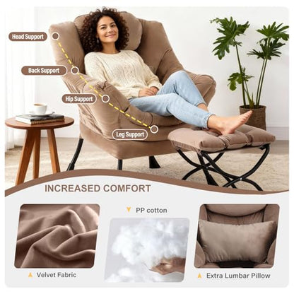 Lazy Chair with Ottoman, Velvet Reading Chair with Pillow，Black | Comfy Accent Lounge Chair with Pillow & folding Foot Stool, sturdy metal frame for bedroom, dorm or apartment, Living Room - color: Pure Khaki