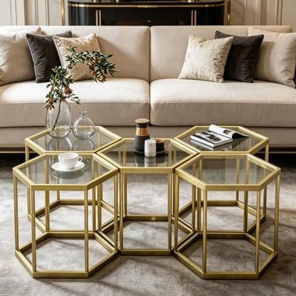 Hexagonal Modular Coffee Table, Gold Plated Frame, Tempered Glass Top, Geometric Accent Side Table, Multi-Purpose Nesting Table for Living Room Bedroom, Set of 1 - size: 1 Piece