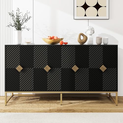 59.06" Sideboard Buffet Cabinet with Storage, Modern Accent Storage Cabinet with Adjustable Shelf and Metal Legs, Wood 4-Door Cabinet for Living Room, Kitchen, Dining Room (Black) - color: Black-4 Door