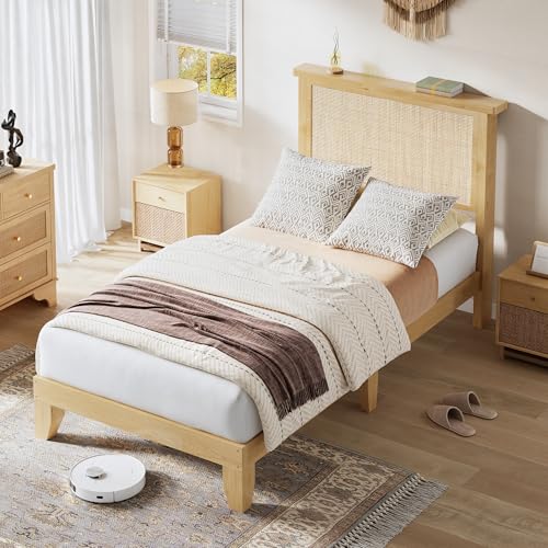 Twin Size Rattan Bed Frame with Natural Rattan Headboard & LED Lights, Solid Wood Legs, Silent Slats, No Box Spring Needed - size: Twin