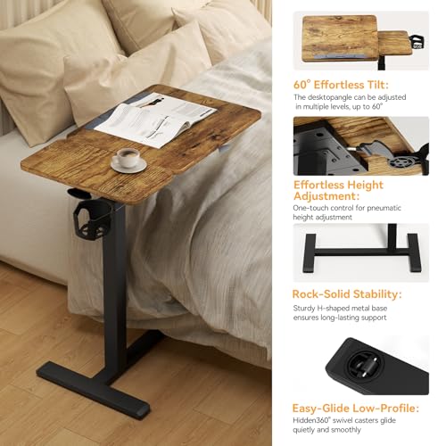 Overbed Bedside Table with Wheels, Pneumatic Adjustable Medical Tilt Top Hospital Bed Table Over The Bed, Rolling Laptop Desk, Mobile Standing Desk for Hospital and Home Use, Rustic Brown - color: Rustic Brown