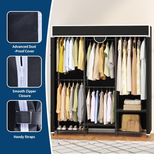 Heavy Duty Clothes Rack with Cover Portable Wardrobe with Storage Shelves | Adjustable Closet System 1100 lb Capacity 70.87 x 15.75 x 76.46 in for Bedrooms Walk In Closets and Laundry Rooms - color: 70.87" (Black)
