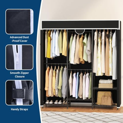 Heavy Duty Clothes Rack with Cover Portable Wardrobe with Storage Shelves | Adjustable Closet System 1100 lb Capacity 70.87 x 15.75 x 76.46 in for Bedrooms Walk In Closets and Laundry Rooms - color: 70.87" (Black)