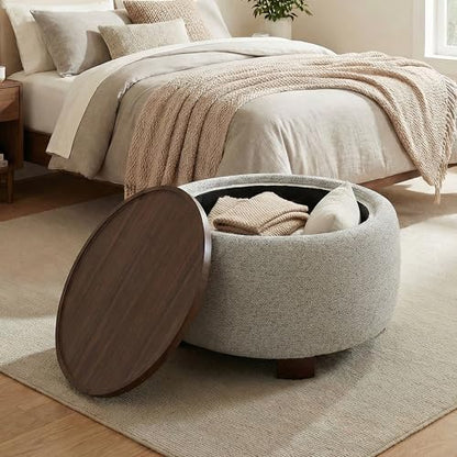 VKNOW 30" Round Storage Ottoman, Ottoman Coffee Table with Removable Wood Top and Solid Wood Legs for Living Room, Bedroom, Apartments(Brown) - color: Brown