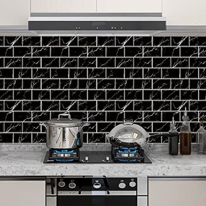 URCOLOR 10-Sheet Back Splashes for Kitchens Peel and Stick,12"x12" Self Adhesive Subway Wall Tiles Stick on backsplash Tiles for Bathroom Black Marble - color: Black